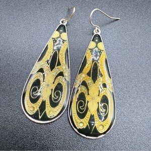 Vintage Gold Cloisonne Floral Art Deco Resin Teardrop Dangle Earrings